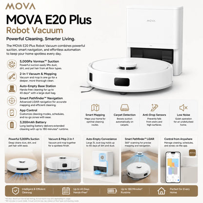MOVA E20 Plus Robot Vacuum & Mop | 5000Pa Suction | Auto-Empty Base