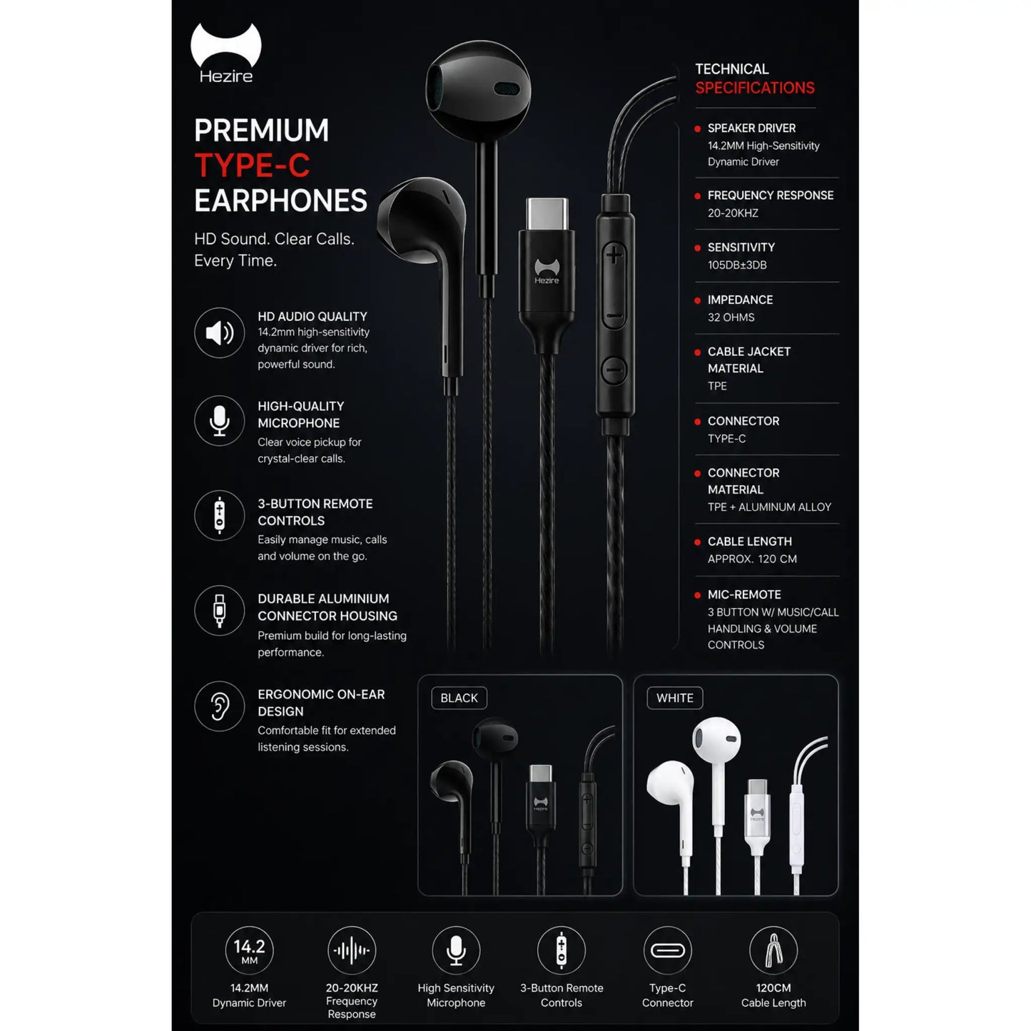Hezire Htune T1X Wired Stereo Headset Type C | HEZ-WSH-TYPC3