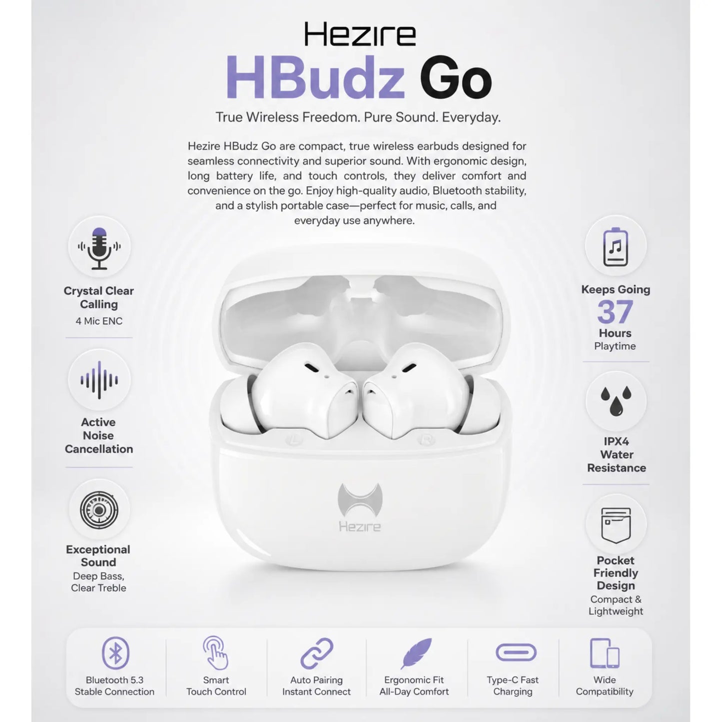 Hezire HBudz Go True Wireless Earbuds Black HEZ-TWS-750 | ANC & 37H Playtime