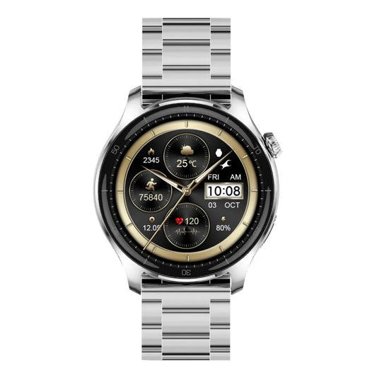 Fastrack Elite Smartwatch with a 1.43″ HD round display, always-on display (AOD), Bluetooth calling, weather updates, daily activity tracking, and a premium metal strap.